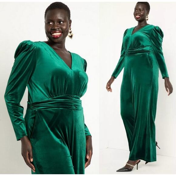 NWT Eloquii Velvet Jumpsuit Wide Leg Holiday Event Green Size 18 - Picture 1 of 11